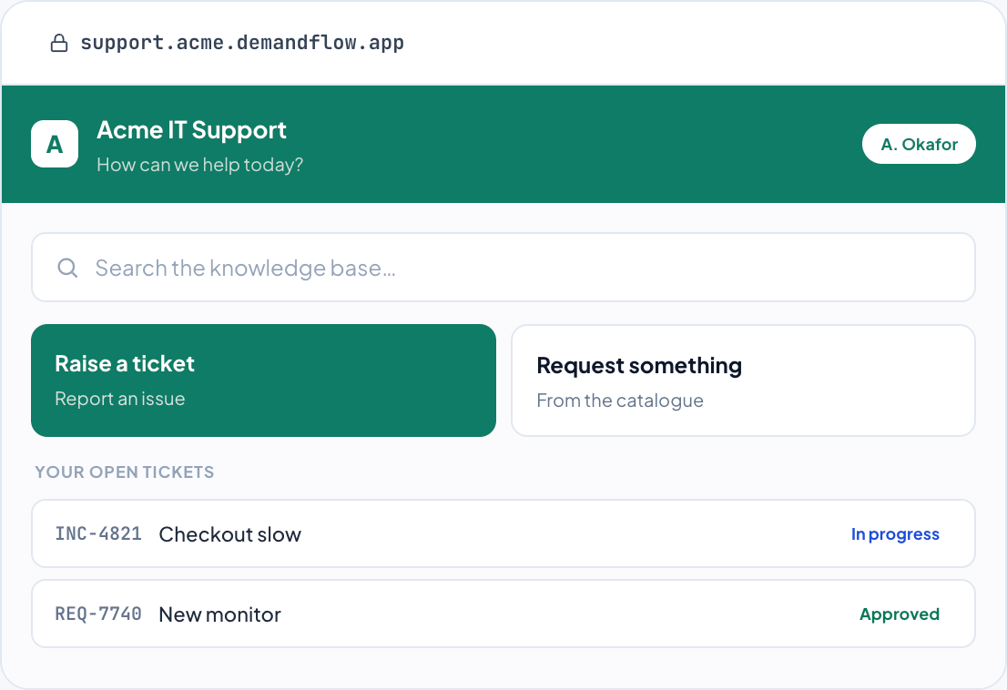 DemandFlow screenshot: Branded self-service, ready to go.