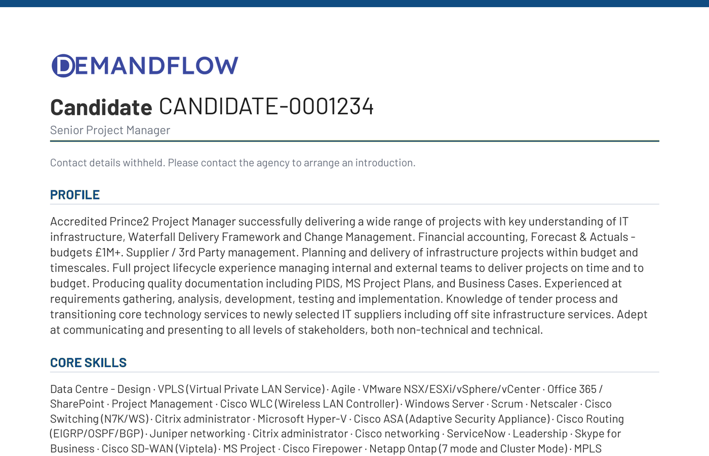 DemandFlow screenshot: A standard format CV, templated, versioned and anonymised on demand
