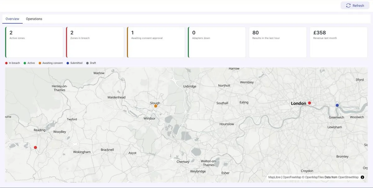 DemandFlow Sense dashboard: active zones, zones in breach, zones awaiting consent approval, adapter status, results in the last hour and last month’s revenue over a map of every zone
